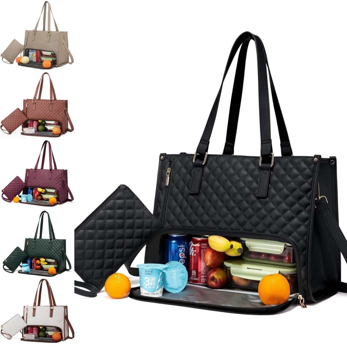 A collage of images displaying a black quilted tote bag with multiple compartments, being used for carrying lunch items, with color options shown for the bag.