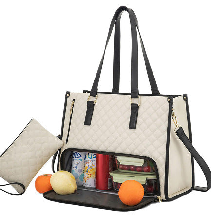 A collage of images displaying a black quilted tote bag with multiple compartments, being used for carrying lunch items, with color options shown for the bag.