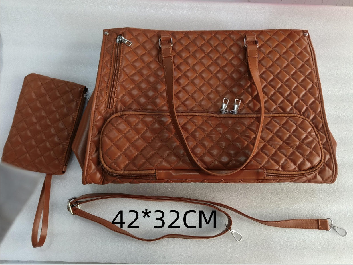 A collage of images displaying a black quilted tote bag with multiple compartments, being used for carrying lunch items, with color options shown for the bag.