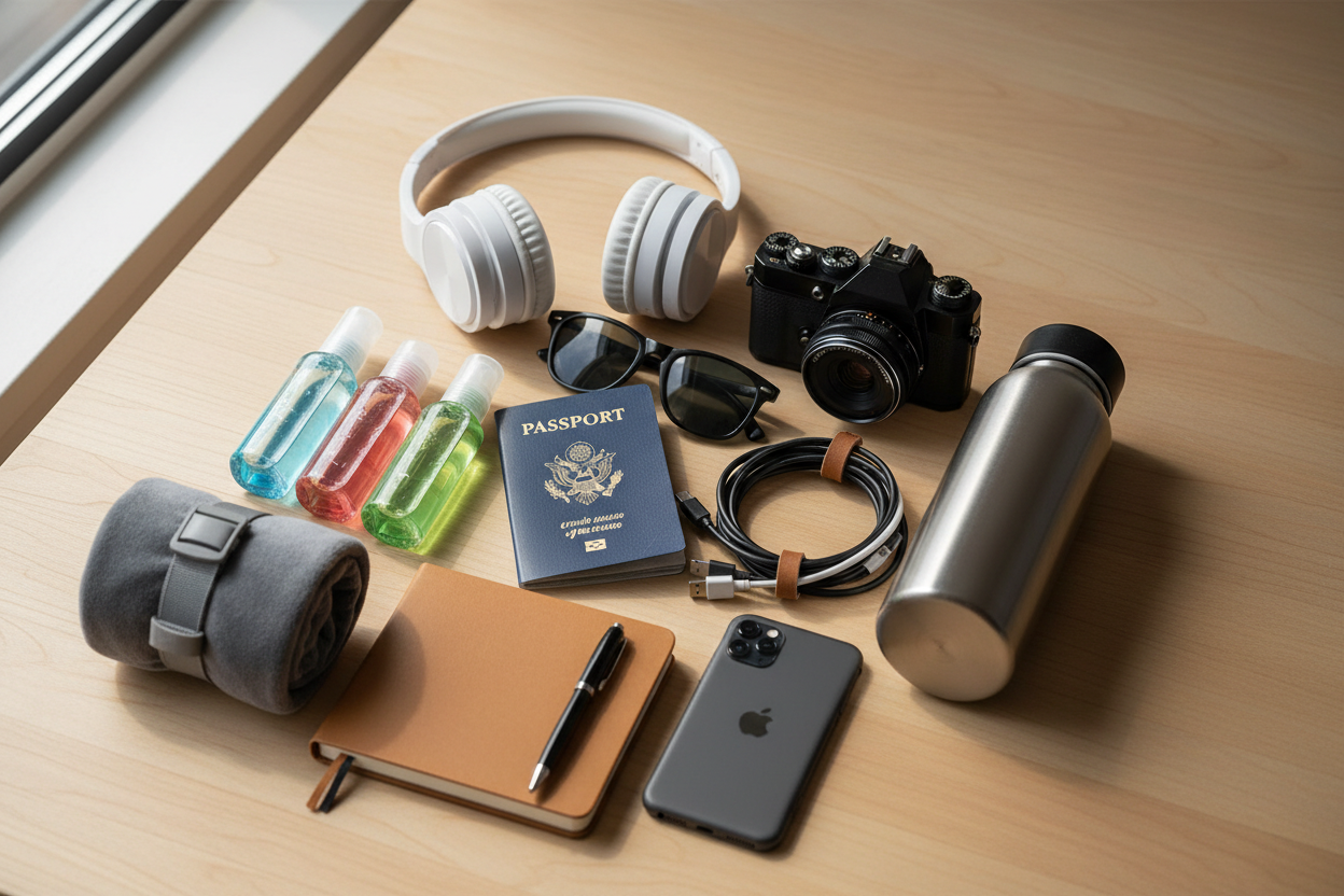 travel essentials placed closely collection image